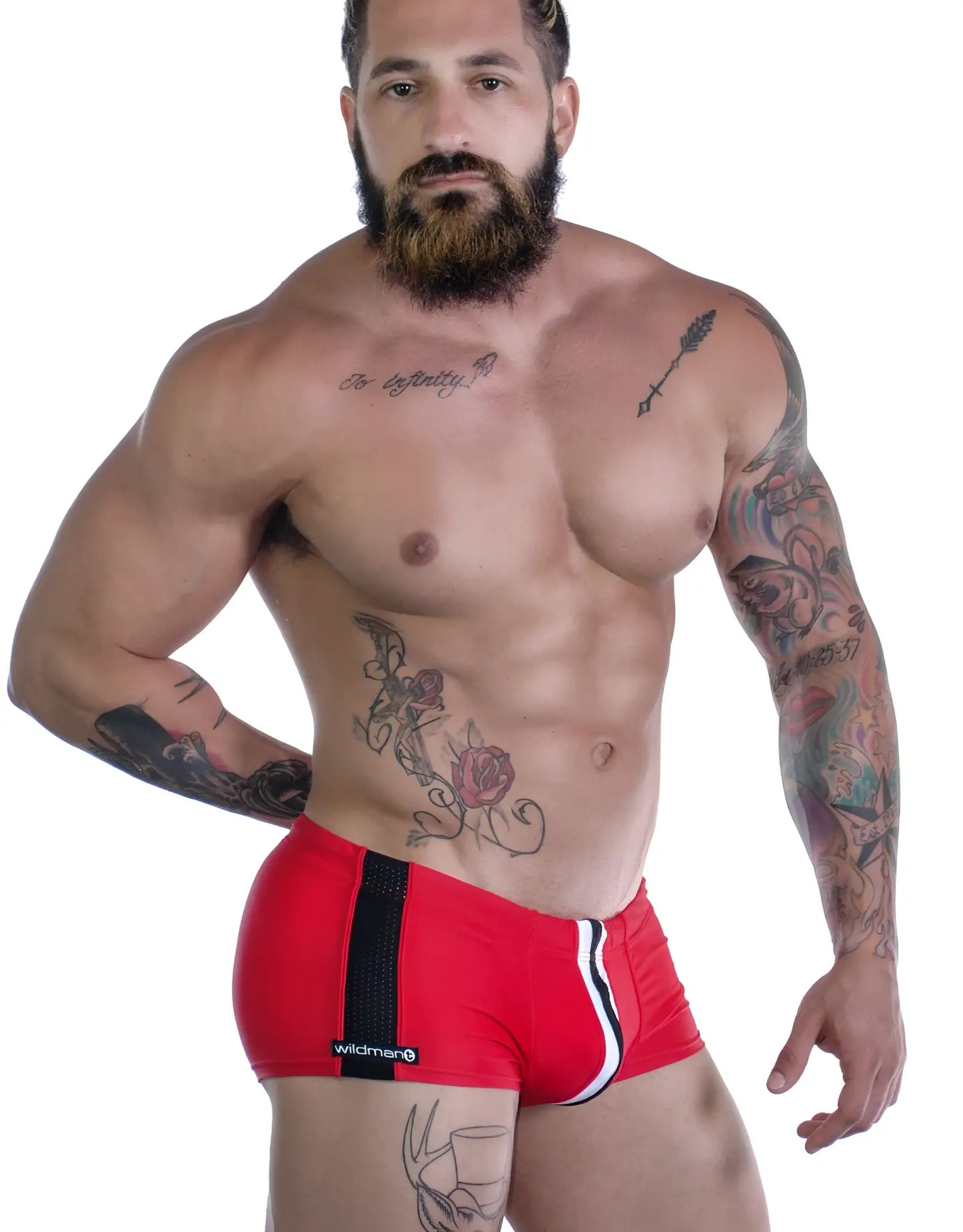 Sportivo square cut red athletic briefs with black and white side stripes and mesh panel on the left leg