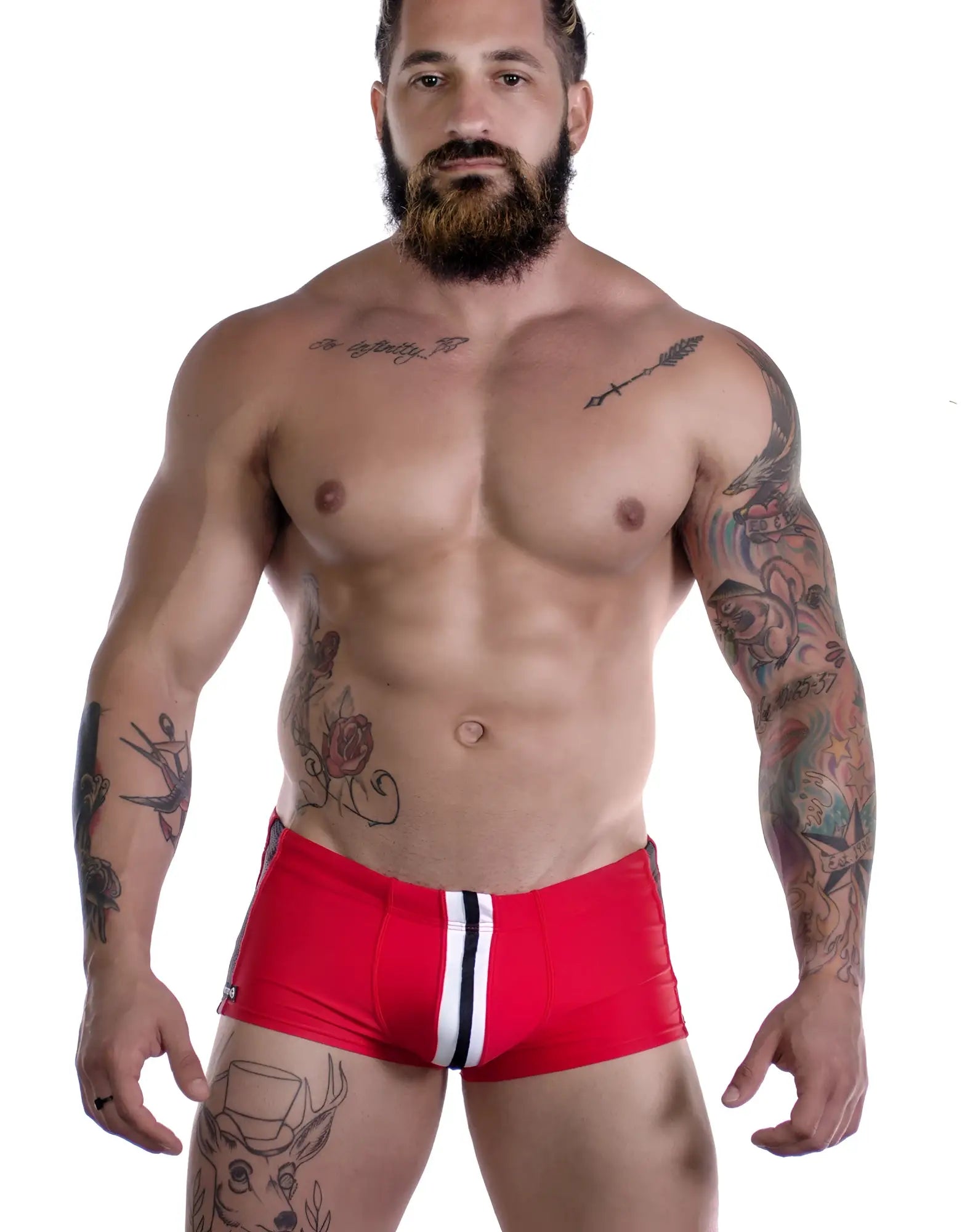 Sportivo square cut red swim trunks with white and black vertical stripe down the side for active swimming