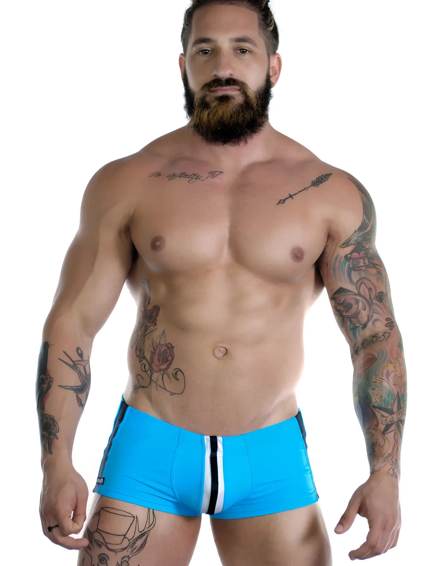 Sportivo square cut teal bright blue athletic briefs with bold black and white vertical center stripe for sports use