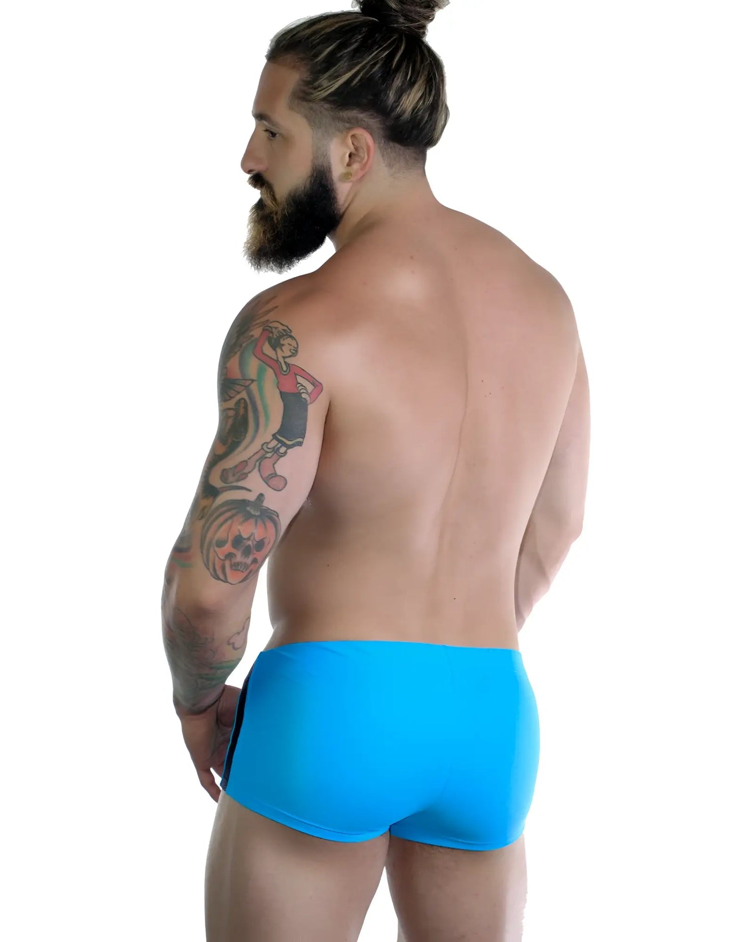 Sportivo square cut teal swim trunks in bright blue with a sleek modern design and form fitting style