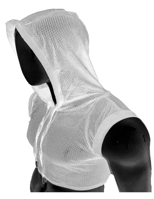 White sports mesh hooded crop vest with reinforced trim and zipper closure designed for athletic wear