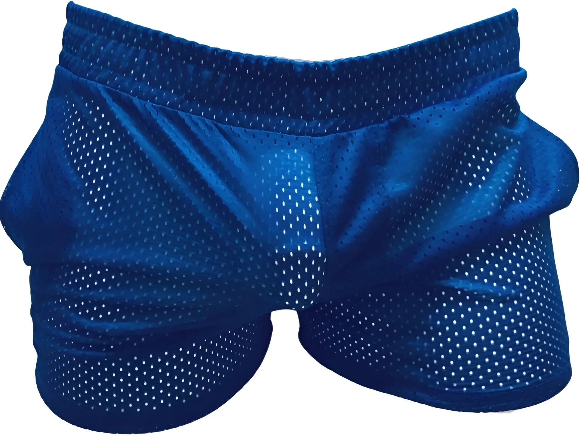 Blue sports mesh shorts with breathable perforated design for athletic use made from lightweight mesh material