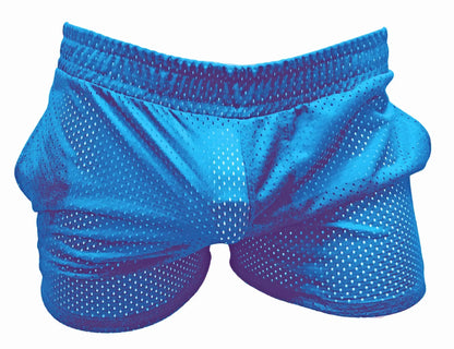 Bright blue sports mesh shorts with snug elastic waistband made of breathable mesh fabric for athletic use