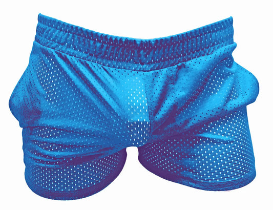 Bright blue sports mesh shorts with snug elastic waistband made of breathable mesh fabric for athletic use