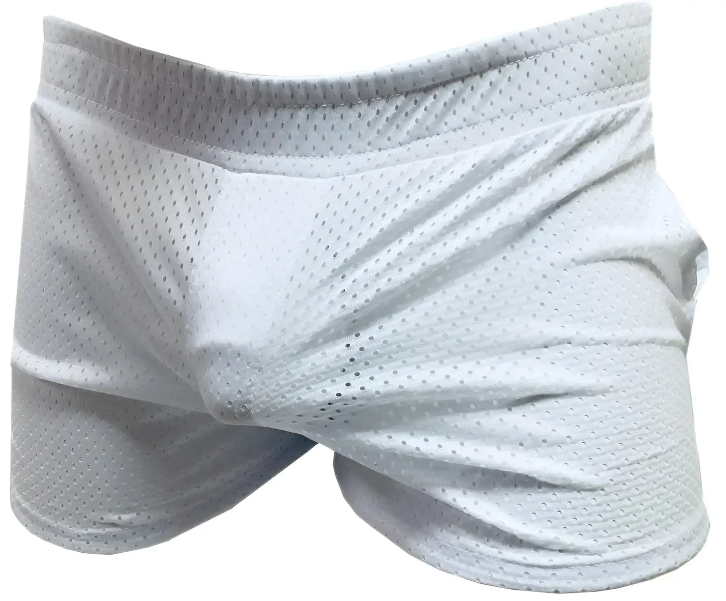 White mesh athletic shorts with a snug form-fitting design ideal for sports and activewear