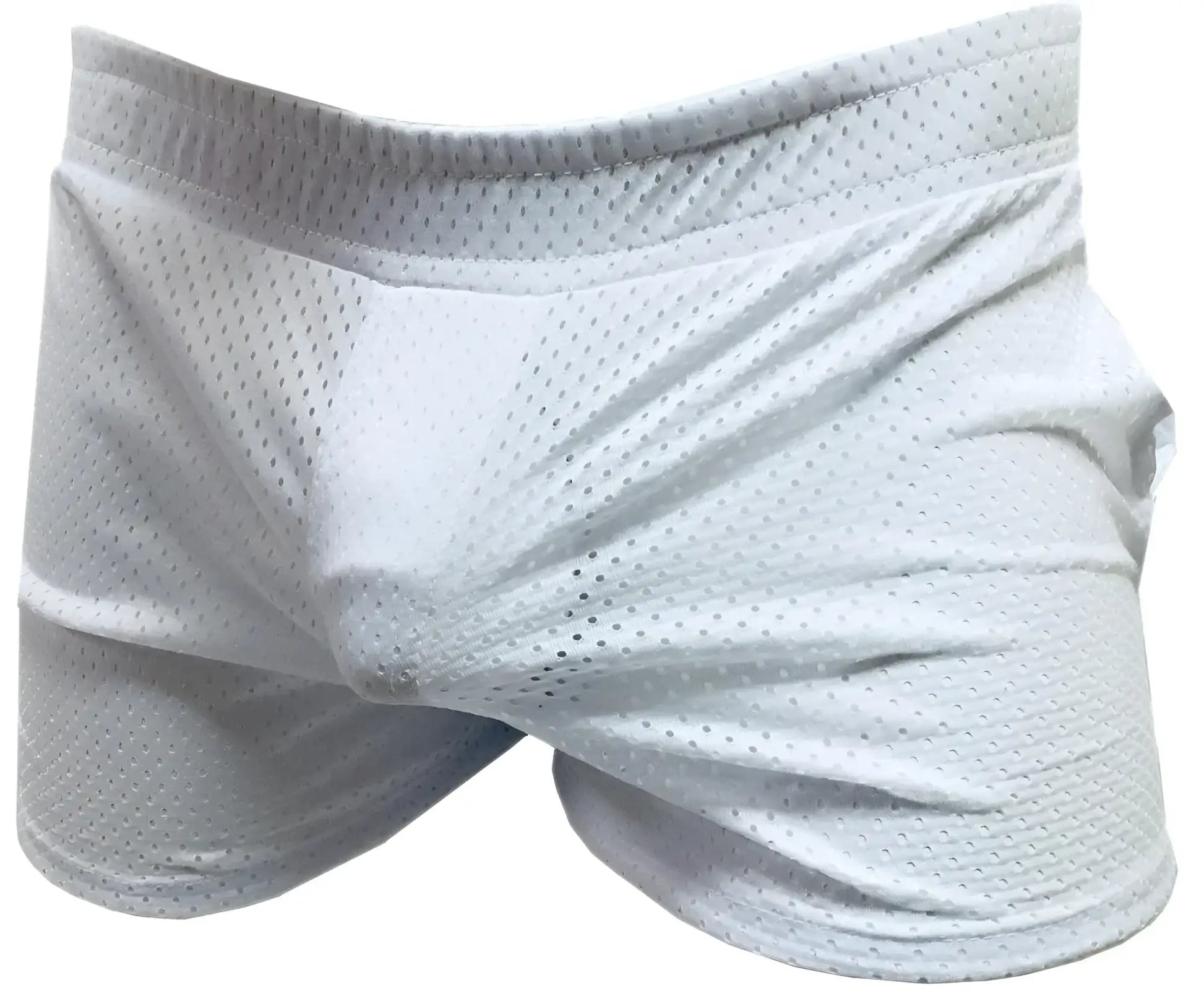 White mesh athletic shorts with a snug form-fitting design ideal for sports and activewear