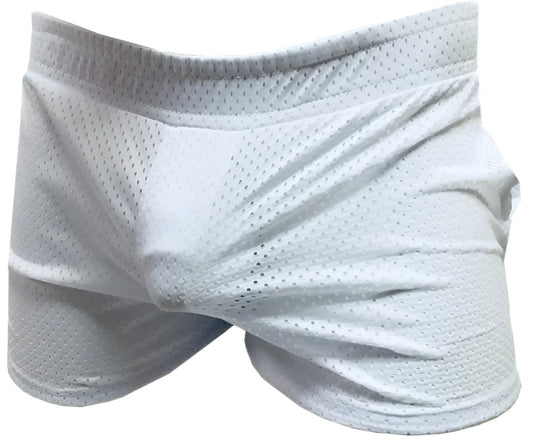 White mesh athletic shorts with a snug form-fitting design ideal for sports and activewear