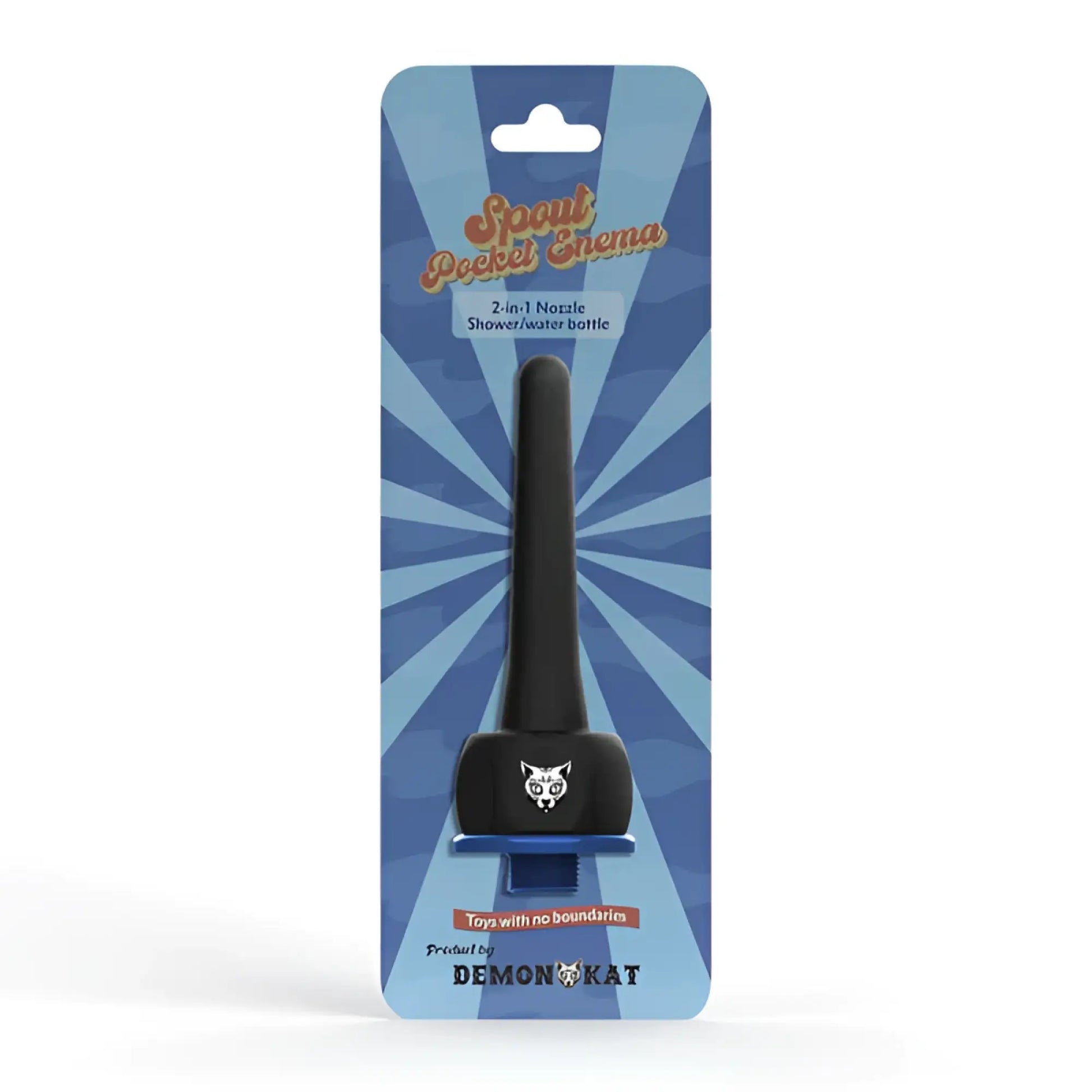 Black plastic 2-in-1 shower and water bottle with cat face emblem on base packaged in blue cardboard for enema use