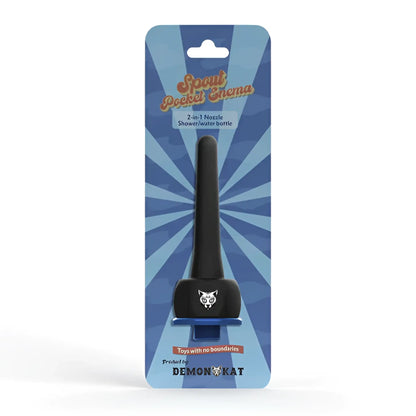 Black plastic 2-in-1 shower and water bottle with cat face emblem on base packaged in blue cardboard for enema use