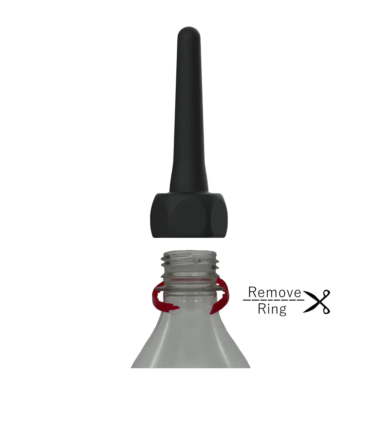 Black plastic spout pocket enema bottle cap with tapered spout and hexagonal base for controlled dispensing