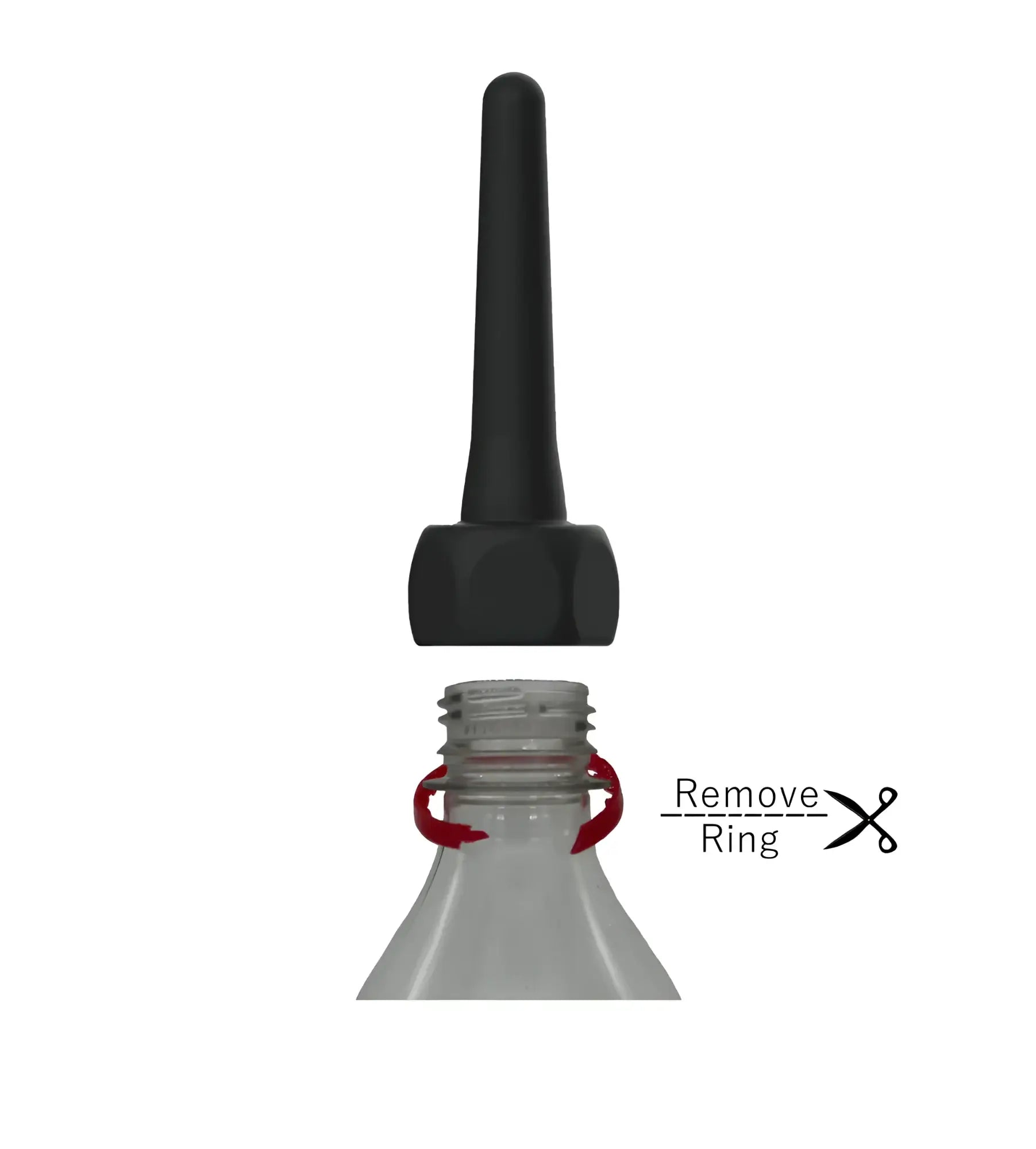 Black plastic spout pocket enema bottle cap with tapered spout and hexagonal base for controlled dispensing