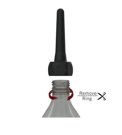 Black plastic spout pocket enema bottle cap with tapered spout and hexagonal base for controlled dispensing