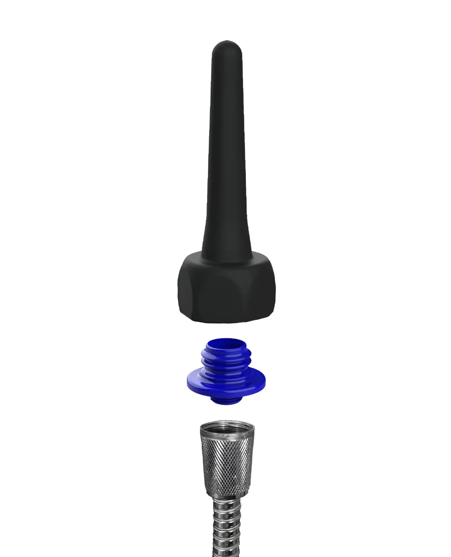Black rubber nozzle with blue plastic cap and metallic threaded connector for spout pocket enema use