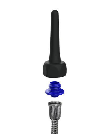 Black rubber nozzle with blue plastic cap and metallic threaded connector for spout pocket enema use