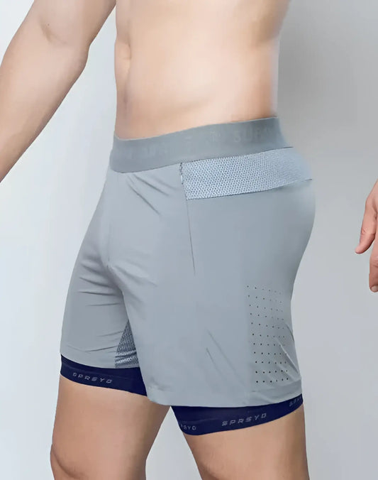 Spr flex short gray athletic shorts with mesh waistband navy blue trim and perforated breathable panels