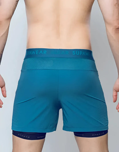 Teal SPR FLEX SHORT athletic shorts with mesh waistband dark blue trim featuring supawear brand name
