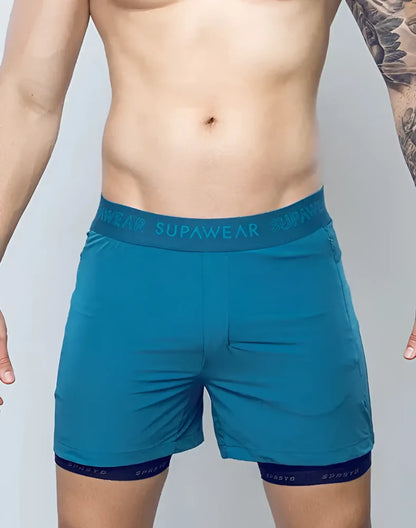 Teal spr flex short supawear athletic shorts with elastic waistband and dark blue inner lining for active use