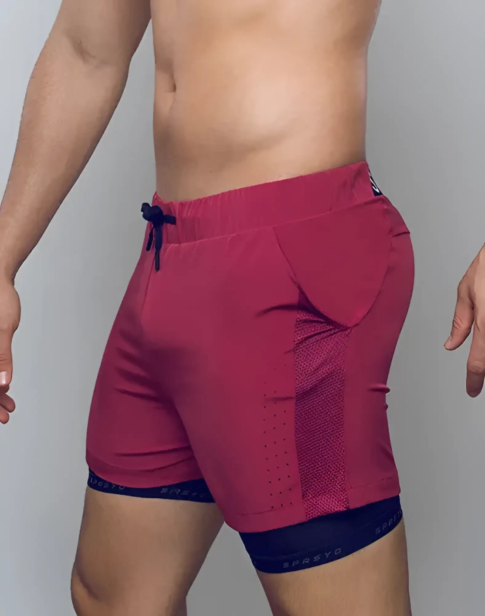 Spr max short red athletic shorts with navy blue drawstring mesh paneling and double-layer design for activewear