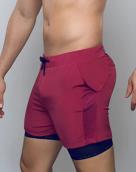 Spr max short red athletic shorts with navy blue drawstring mesh paneling and double-layer design for activewear