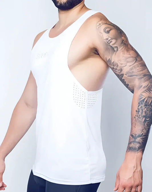 White athletic tank top spr y-tank with perforated mesh panel on the side for breathability and comfort