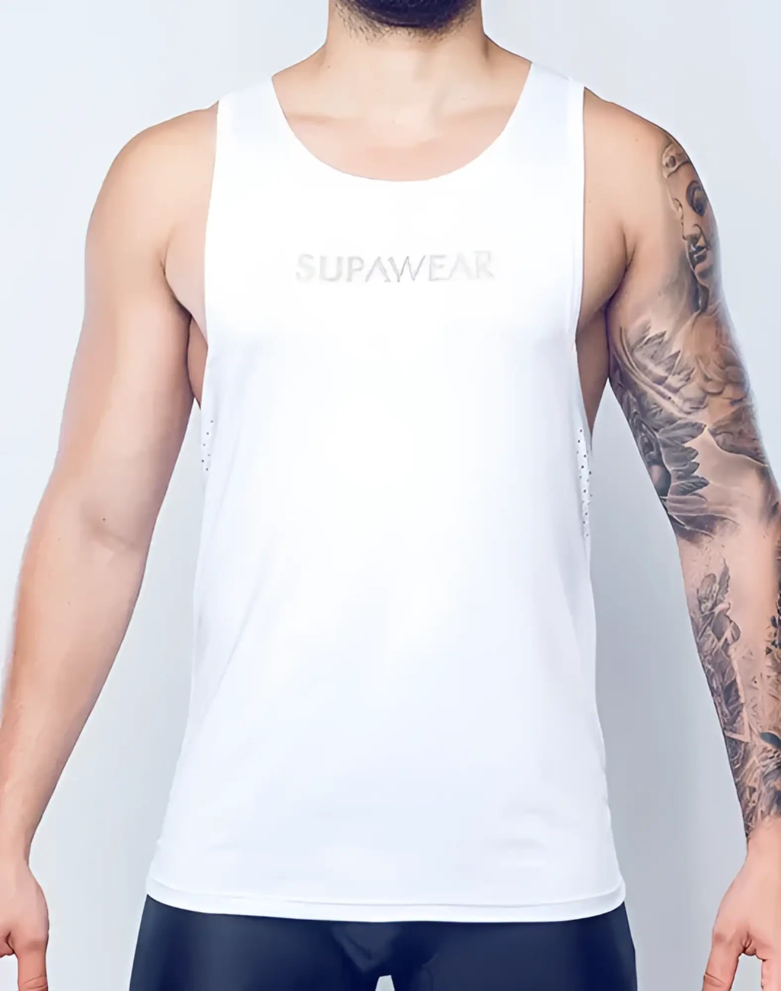 White supawear spr y-tank tank top with subtle mesh detailing on the sides in breathable fabric
