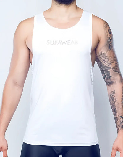 White supawear spr y-tank tank top with subtle mesh detailing on the sides in breathable fabric