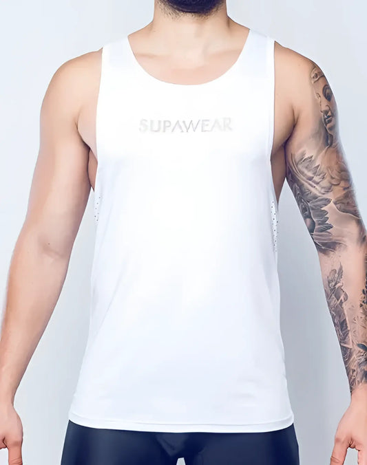 White supawear spr y-tank tank top with subtle mesh detailing on the sides in breathable fabric