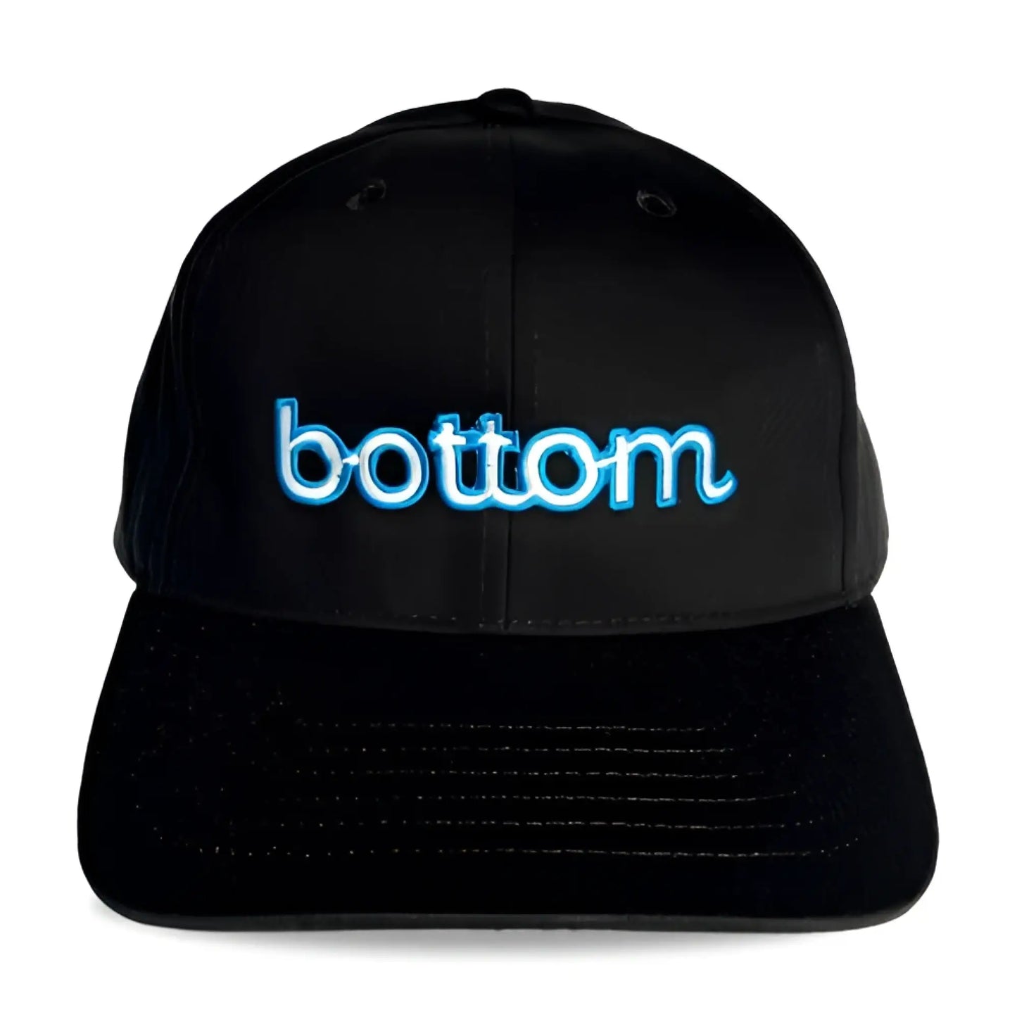 Black baseball cap with glowing blue embroidered bottom logo in spunky monkee cap design