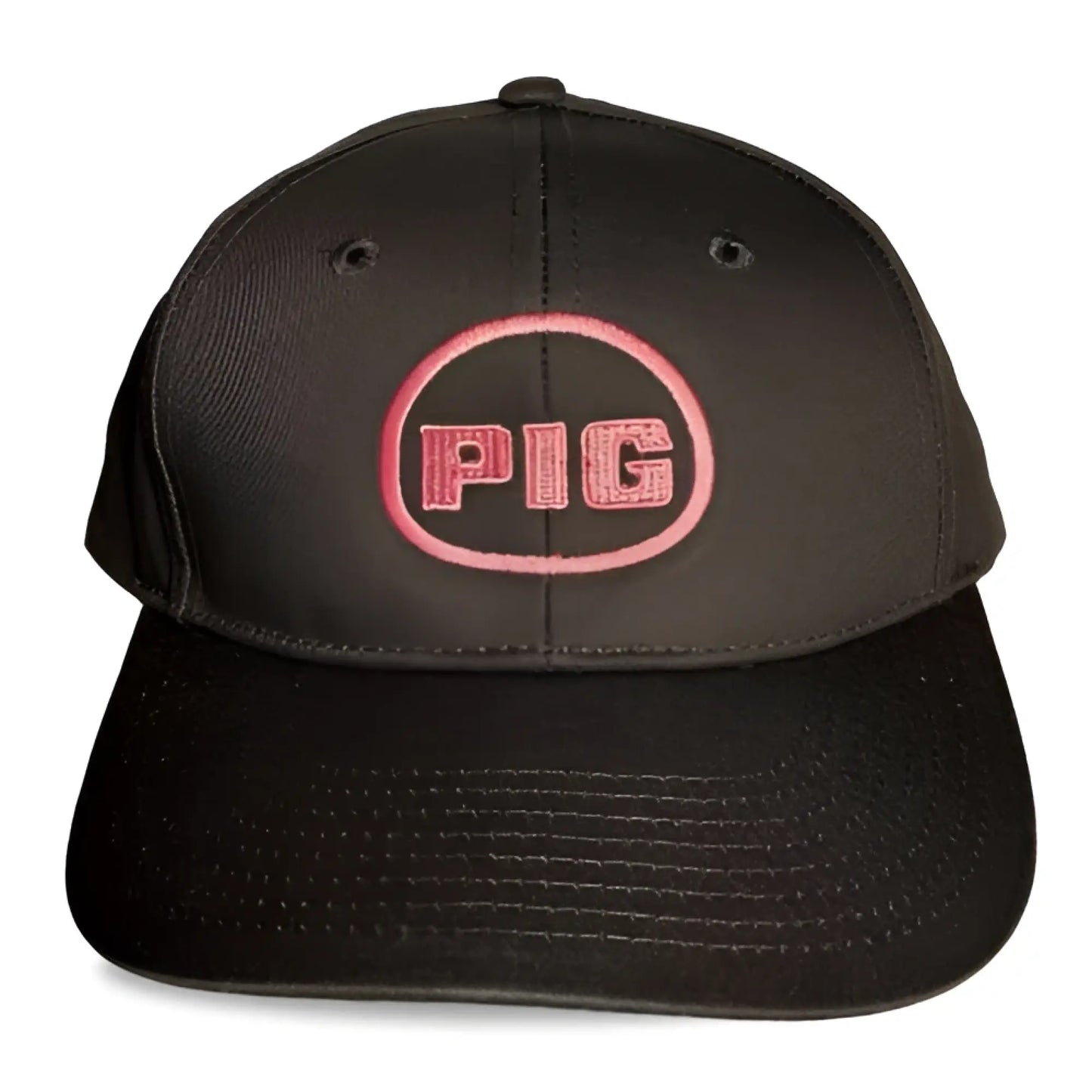 Black snapback spunky monkee cap with pink embroidered pig logo in circular design for casual wear