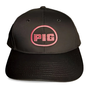 Black snapback spunky monkee cap with pink embroidered pig logo in circular design for casual wear