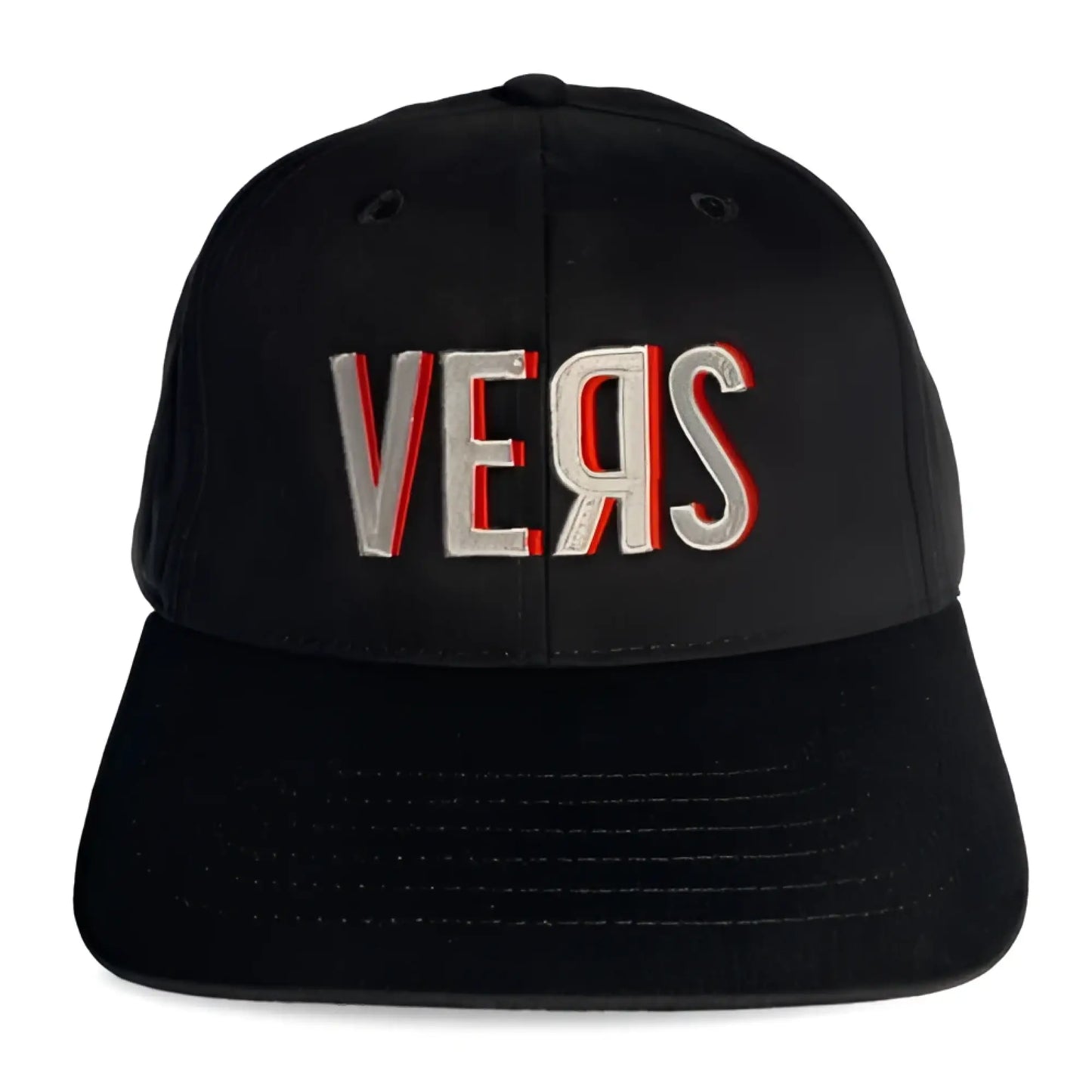 Black baseball cap spunky monkee cap vers with embroidered vers logo in white and red thread on front panel