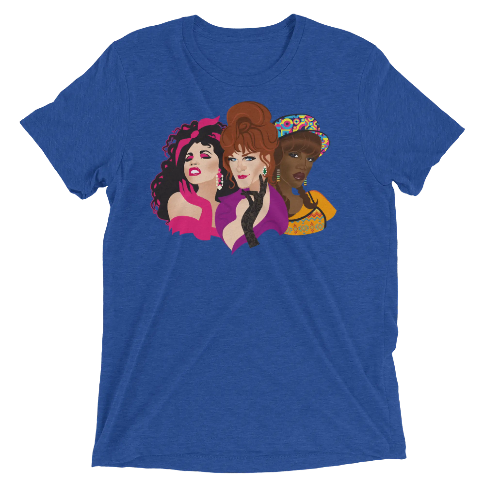 Blue heathered t-shirt with vibrant graphic of three colorful drag queens titled squad goals design