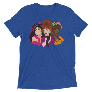 Blue heathered t-shirt with vibrant graphic of three colorful drag queens titled squad goals design