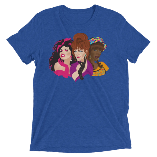 Blue heathered t-shirt with vibrant graphic of three colorful drag queens titled squad goals design