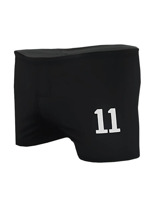Black square trunk athletic shorts with white 11 number embroidered on front for activewear use