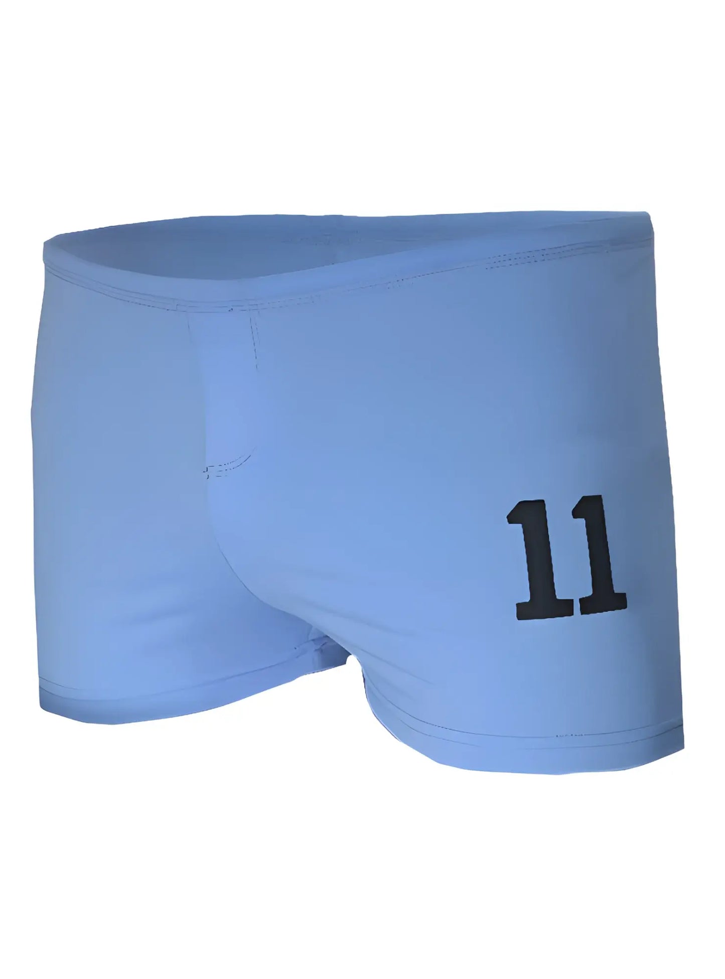 Light blue square trunk athletic briefs with bold black number 11 printed on the right leg