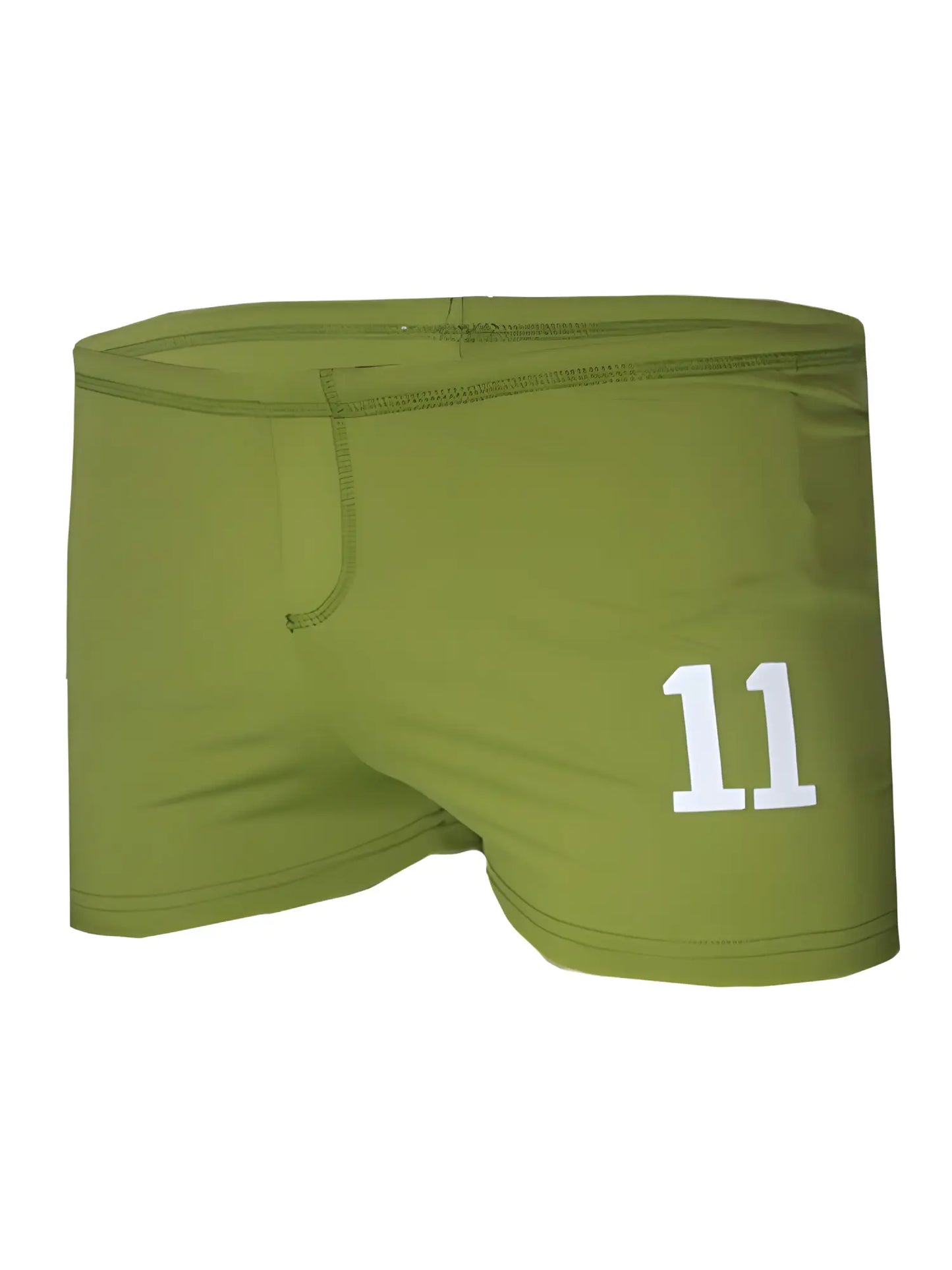Olive green square trunk swim trunks with white number 11 printed on front for casual beachwear
