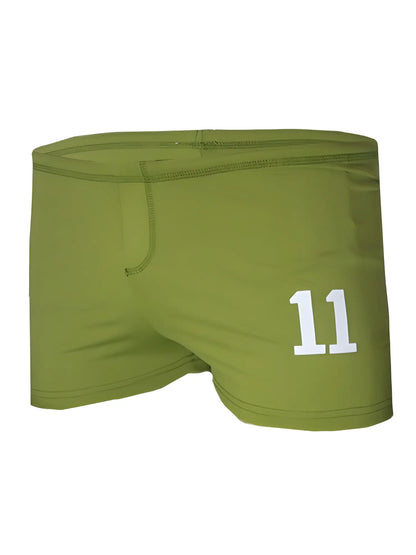 Olive green square trunk swim trunks with white number 11 printed on front for casual beachwear