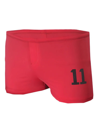 Red athletic square trunk briefs with black number 11 printed on the side for sports and activewear