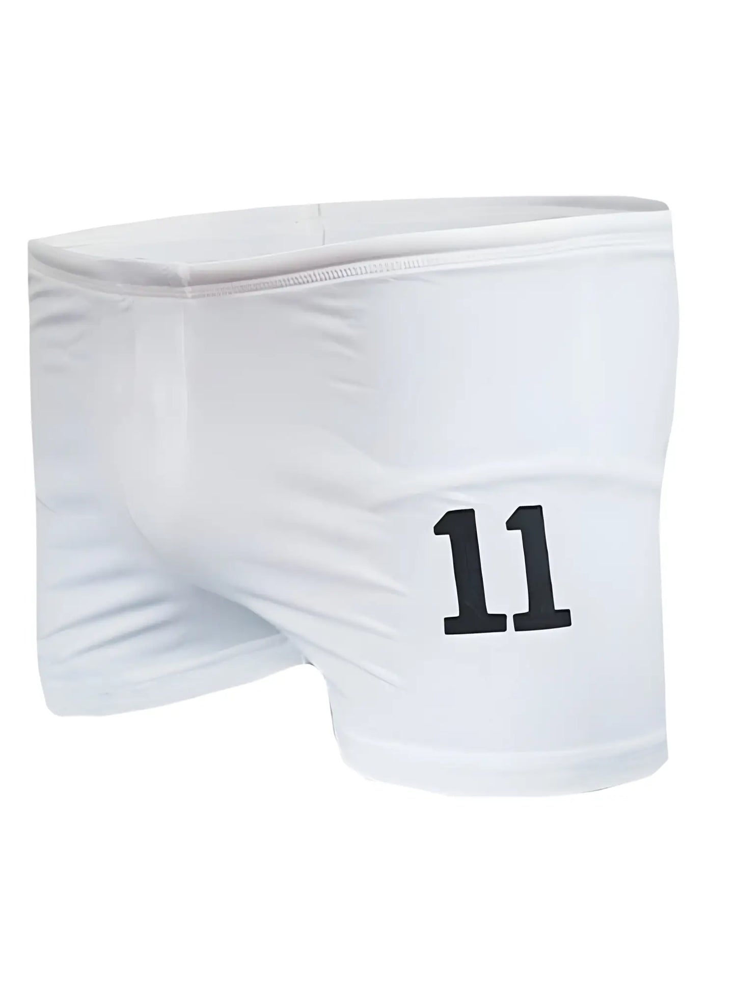 White athletic square trunk shorts with bold black number 11 printed on the side for sports and casual wear