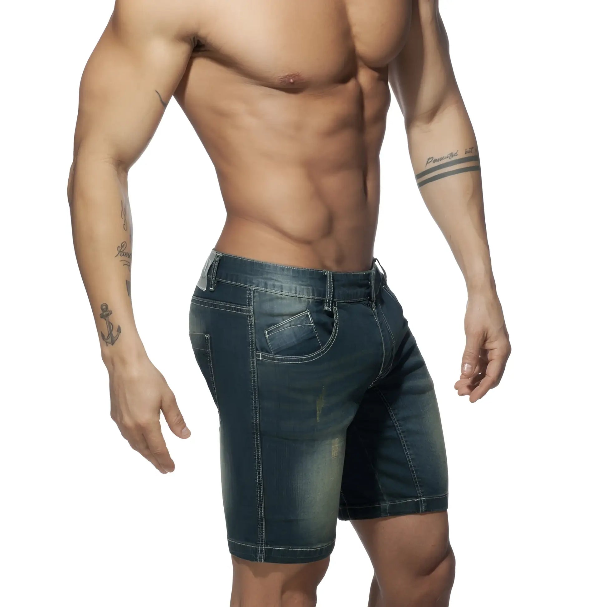 Dark blue denim squat bermuda jeans shorts with faded wash and visible stitching for casual wear
