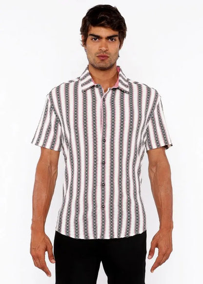 Men's short-sleeve shirt in rouge pink with zigzag stripe pattern made of stretch knit fabric by ST33LE