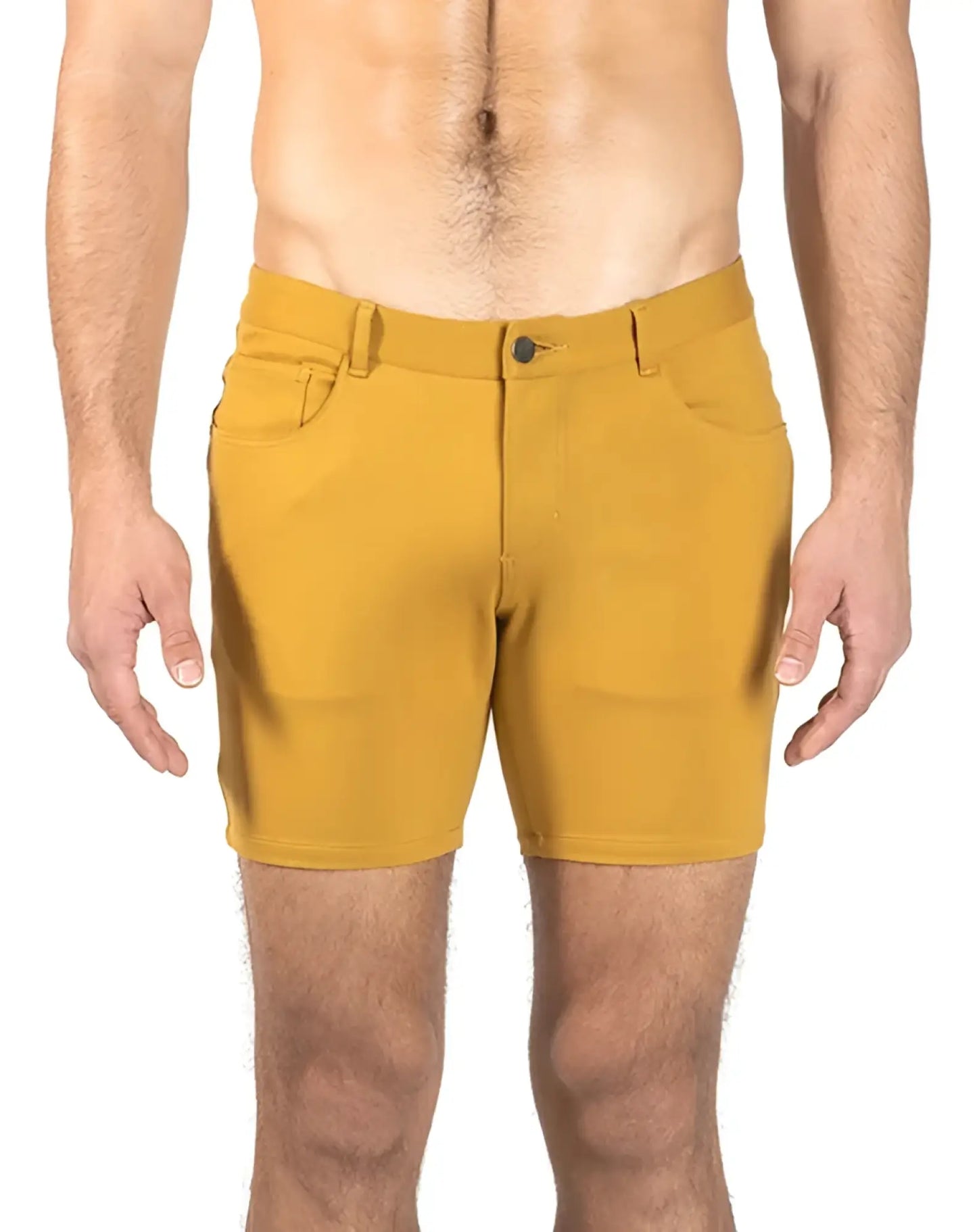Mustard-yellow st33le stretch knit athletic shorts with sleek modern design and black button closure size 29