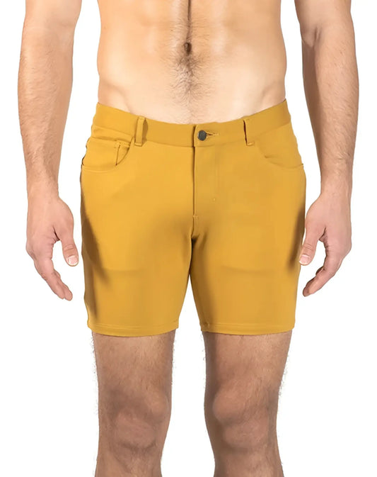 Mustard-yellow st33le stretch knit athletic shorts with sleek modern design and black button closure size 29