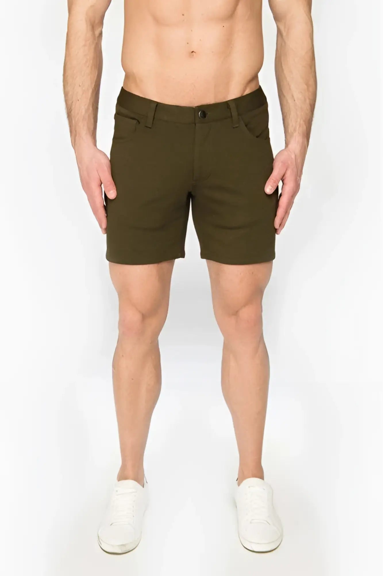 Olive green stretch knit chino shorts st33le with classic fit and button closure size 28