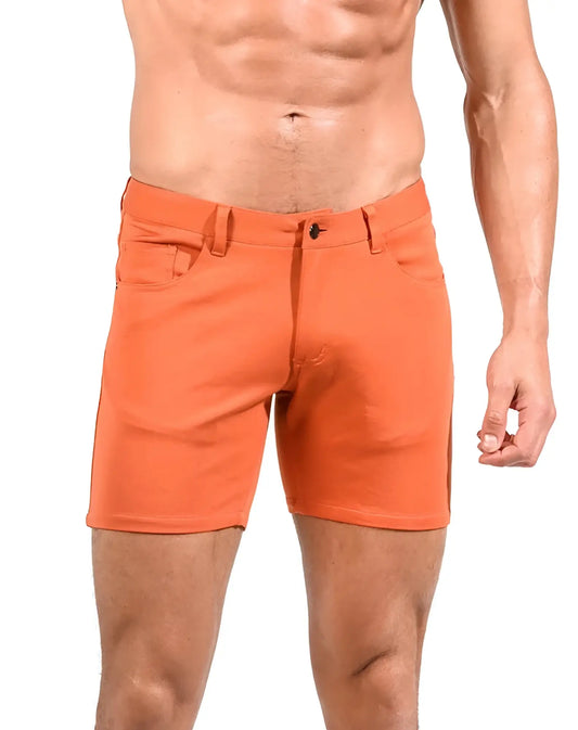 Orange men’s st33le stretch knit shorts sienna size 28 made of smooth lightweight fabric with classic stitching and button closure