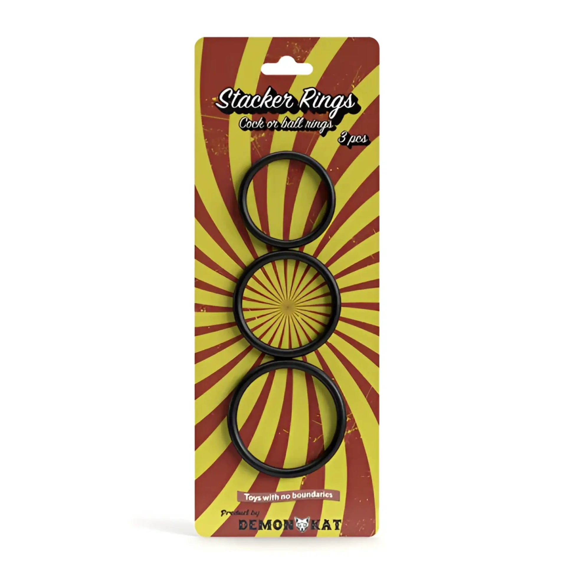 Stacker ring 3-piece set with black resin stacker rings in retro style packaging for versatile everyday wear
