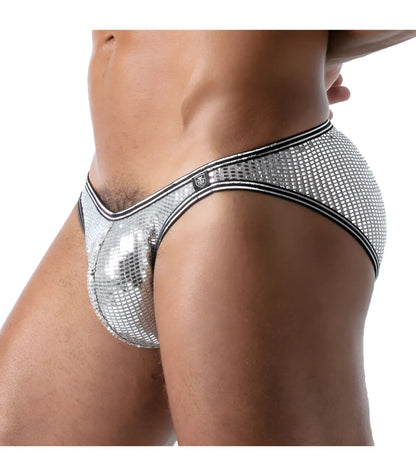 Star bikini brief silver sequined briefs with black trim showcasing a sparkling festive swimwear design
