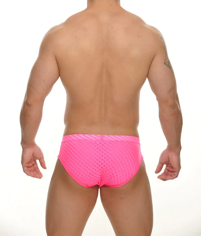 Starkey Brief bright pink mesh swim trunks with striped waistband designed for comfortable swimwear use