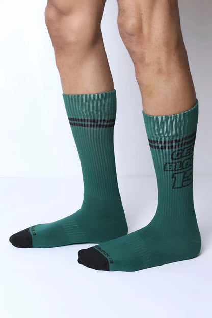 Starter crew socks in dark green with black stripes bold graphic print and reinforced toe caps for durability